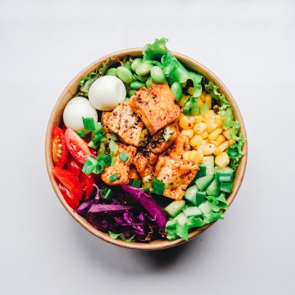 Fresh rainbow protein salad bowl